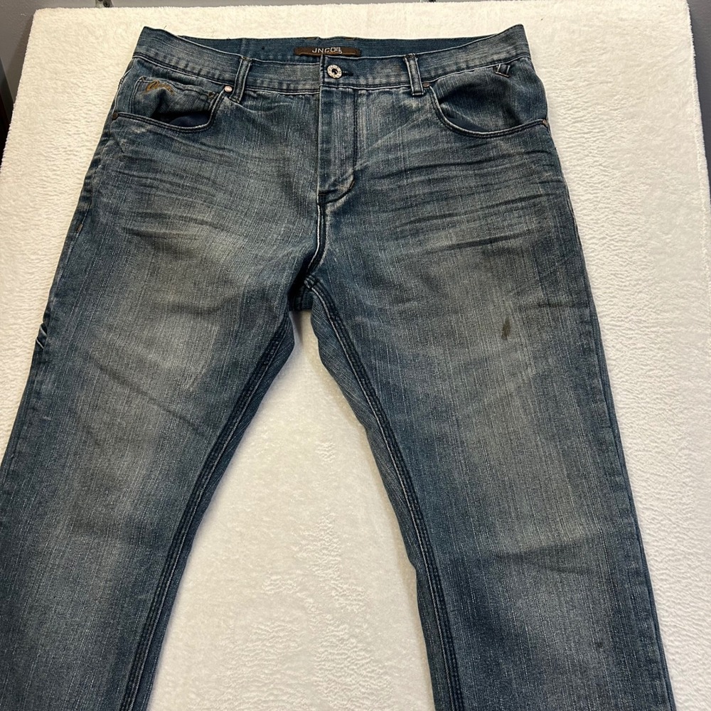 JNCO 85 Crown Brand Jeans Straight Leg Mens 36W x 32L Blue Denim Embroidered